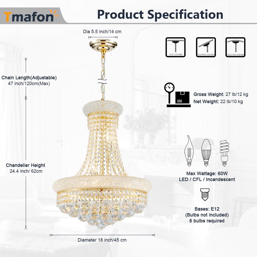 Modern Gold Crystal Chandelier Lights - Diameter 18" Ceiling Haning Chandeliers