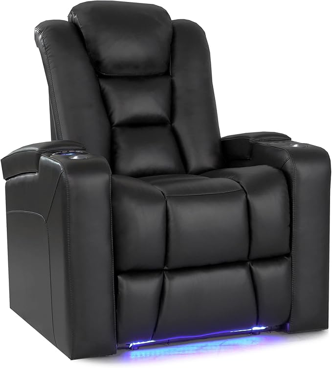 Theater Seating | Premium Top Grain Italian 11000 Leather, Power Recliner, Power Headrest, LED Lighting (Row of 2 Loveseat, Black)