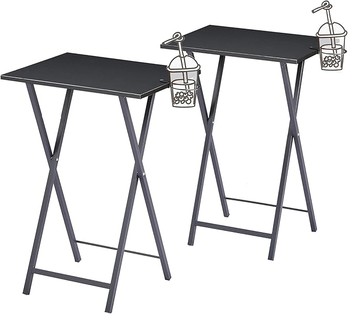 LuxFold 2-Piece Modern Marble Snack Tray Table Set with Cup Holder