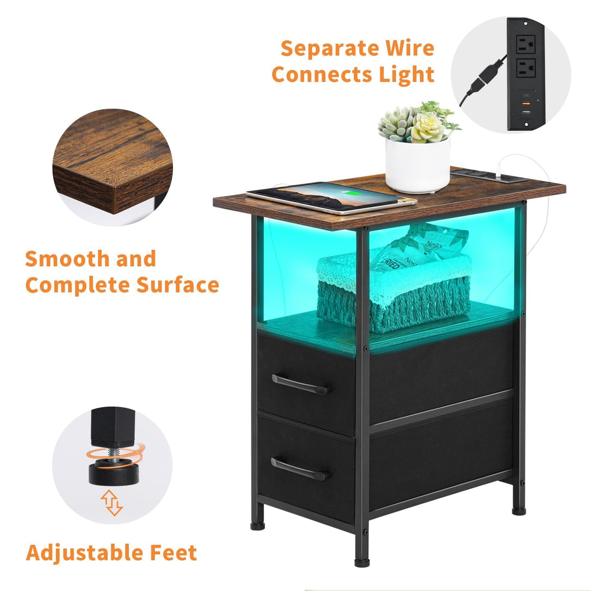 Narrow Side Table Set 2 with LED Light and USB C Port, Night Stand with Charging Station