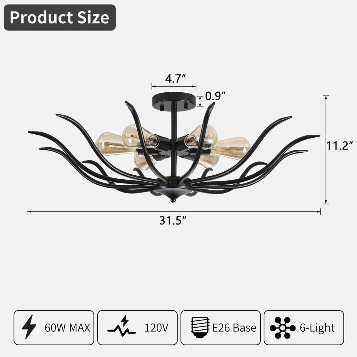 Semi Flush Mount Ceiling Light, 6-Light Modern Close to Ceiling Light Fixtures, 31.5" Kitchen Ceiling Lights Black Light Fixture for Dining Room Living Room Bedroom Bathroom Entryway Hallway Farmhouse