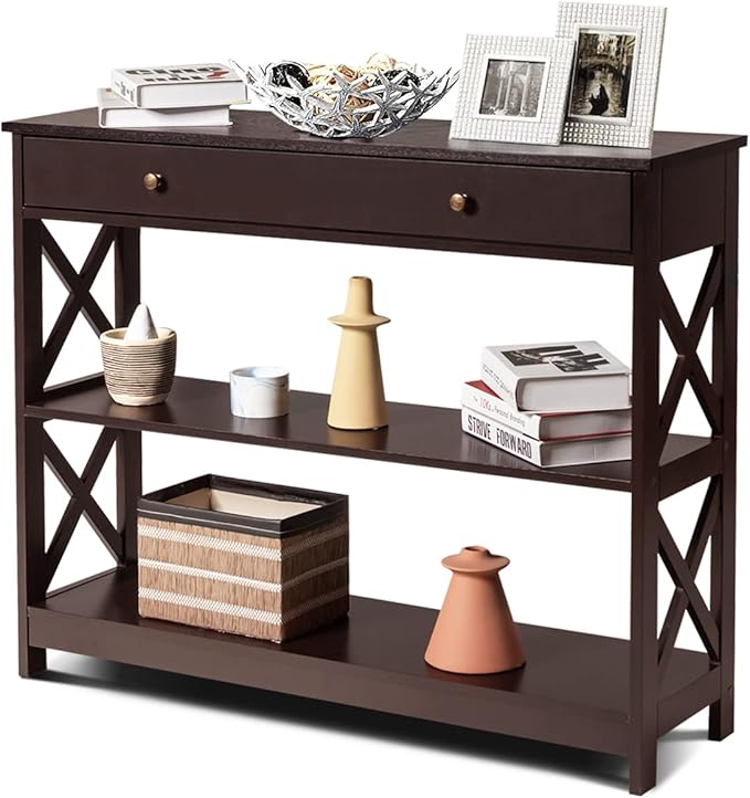 Tier Console Table, Entryway Table with 2 Open Storage Shelves Drawer,