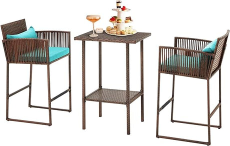 3PCS Patio Wicker Bar Set, Outdoor Bistro Rattan Barstool Furniture