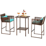 3-Piece Patio Barstool Table Set, Outdoor Bistro Rattan Wicker Furniture