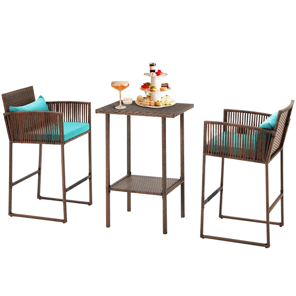 3PCS Patio Wicker Bar Set, Outdoor Bistro Rattan Barstool Furniture