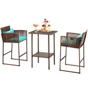 3PCS Patio Wicker Bar Set, Outdoor Bistro Rattan Barstool Furniture
