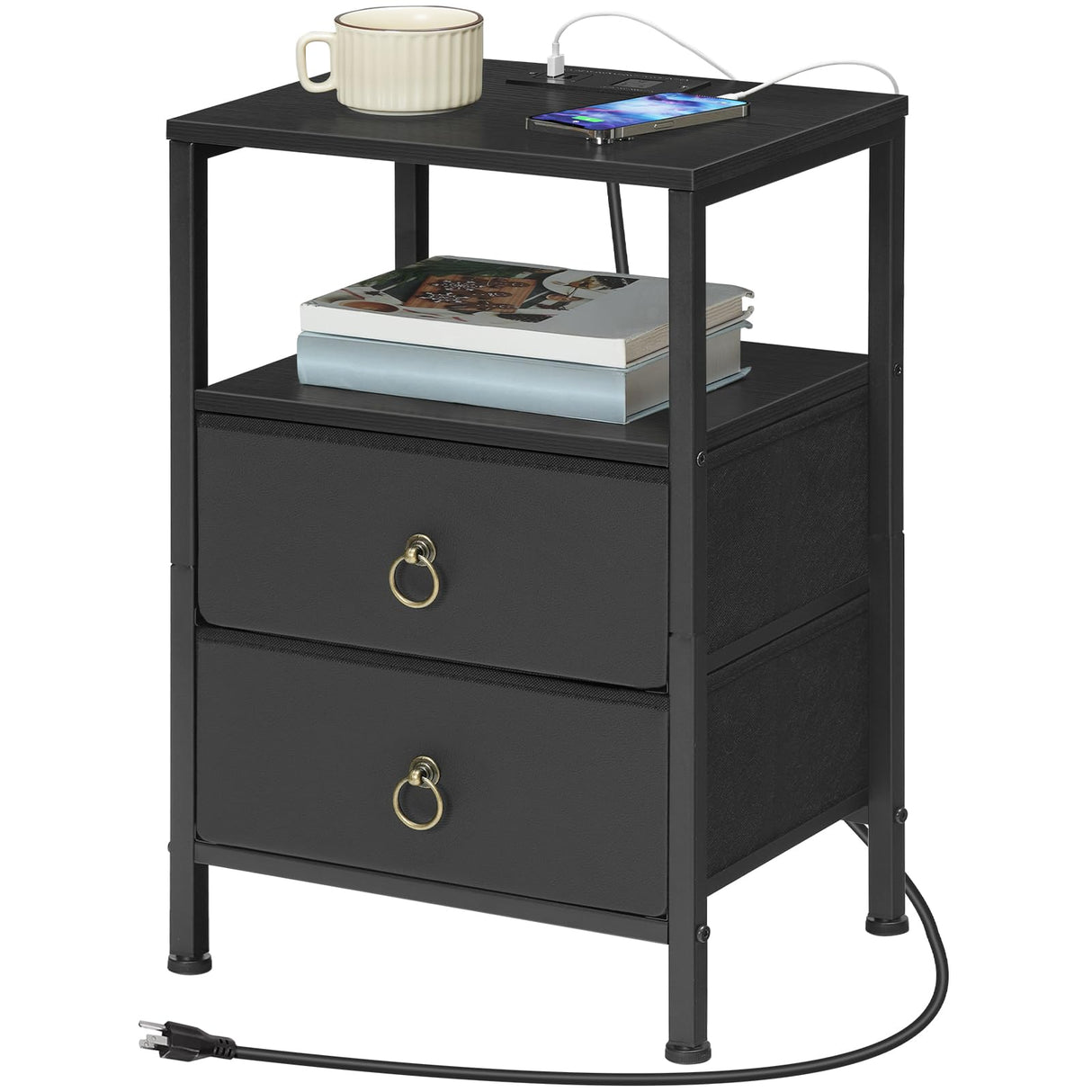 HOOBRO Nightstand with Charging Station, End Table with USB and Outlets, Small Night Stand with Fabric Drawers for Bedroom, Small Spaces, Black BB110UBZ01