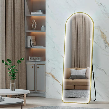 LED Full Length Mirror with Lights Arch Design, 56"x16" Full Body Mirror with Stands, Full Length Mirror Wall Mounted for Bedroom, Dimming & 3 Color Lighting (Brushed Gold)