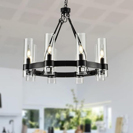 26 Inch Black Wagon Wheel Chandelier with Glass Shade, 8 Lights