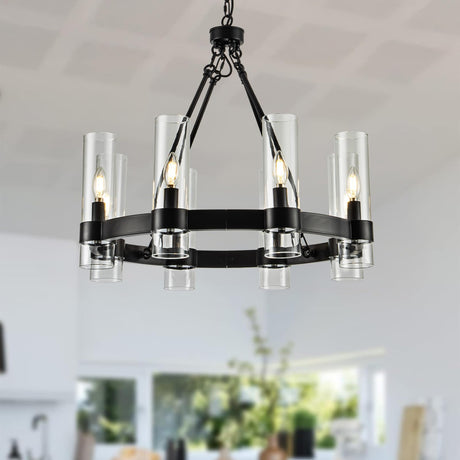 26 Inch Black Wagon Wheel Chandelier with Glass Shade, 8 Lights