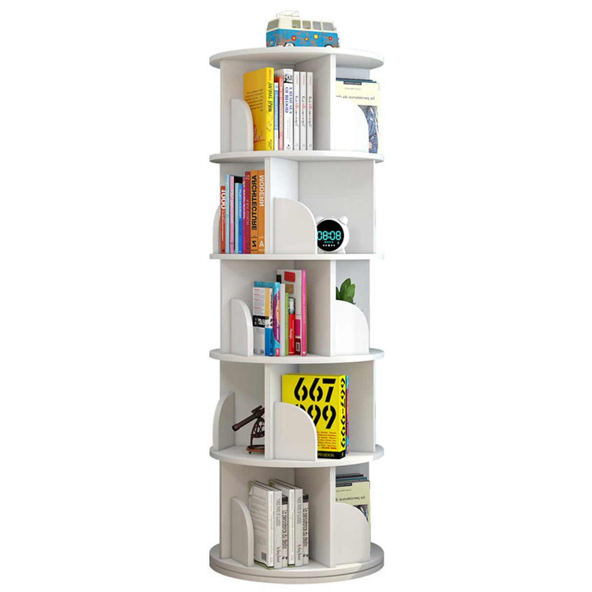 Rotating Bookshelves, Modern 360° Tall Book Shelf Storage Display Rack Floor Standing Shelves with Baffle for Home Living Room Study Office, 5 Tier, White