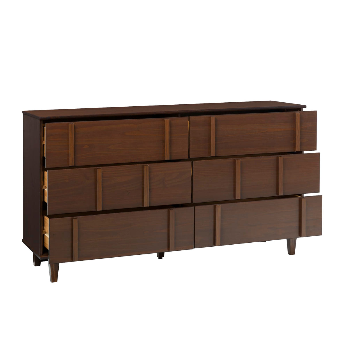 Contemporary Detailed 6-Drawer Solid Wood Dresser, 60 Inch, Walnut