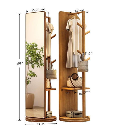 Full Length Mirror 67"×15.7"“Swivel with Cloak Rack, Solid Wood Frame, Simple Modern