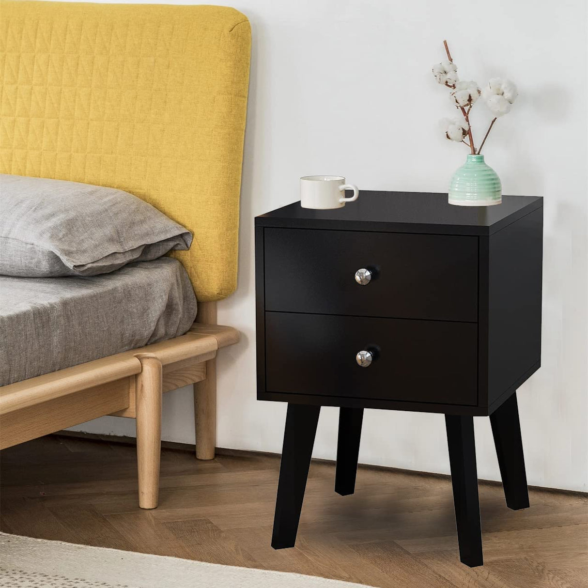 Nightstand, Modern Table, Night End Side Stand Bed Table, Wood Mid Century Nightstands, Bedroom Storage Cabinet Dresser 2 Drawer for Home Living Rooms, Offices (Black 2)