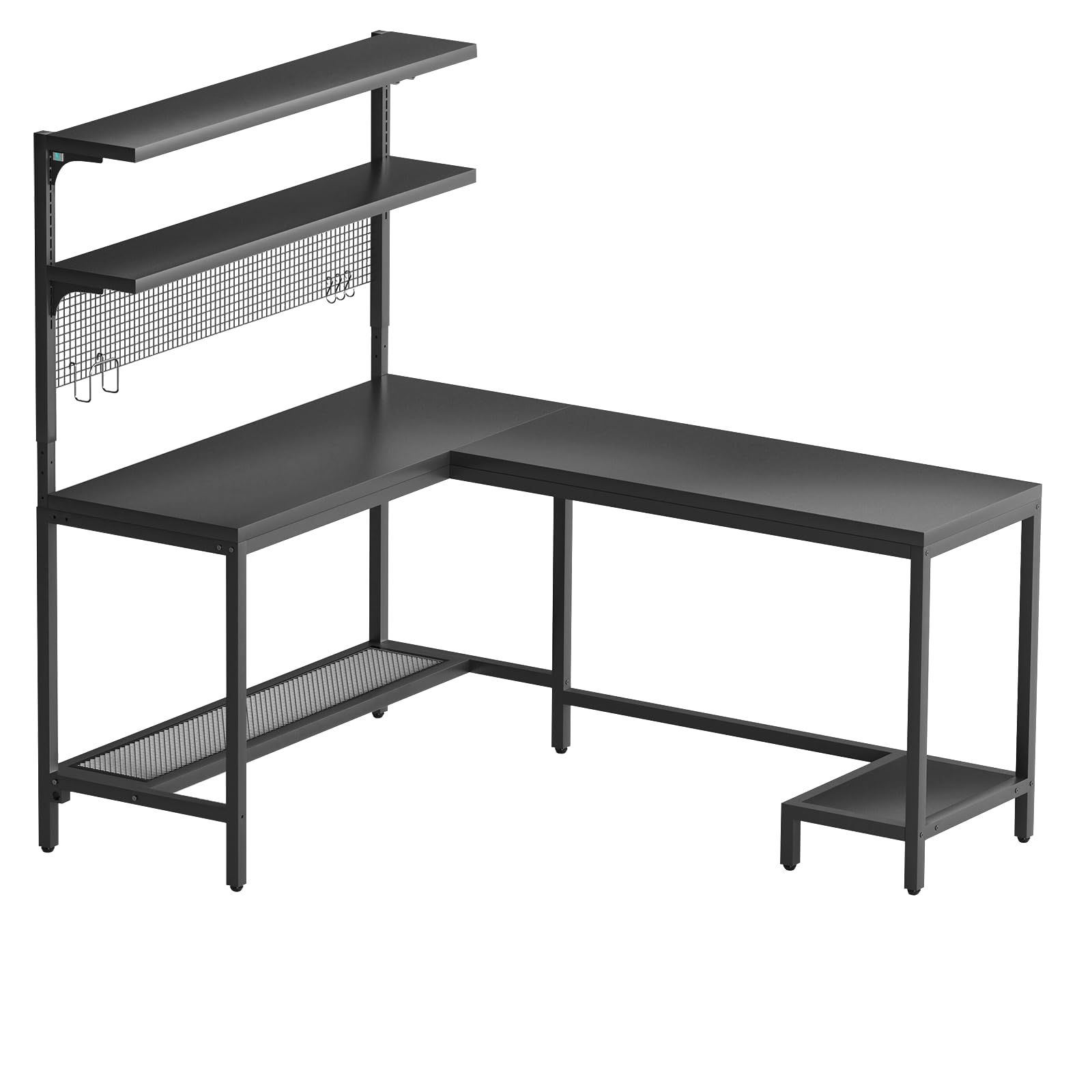 55" L Shaped Gaming Desk with Hutch Shelves, Pegboard and LED Lights, Solid Wood Corner Computer Desk Work Desk for Home Office, Black, Reversible
