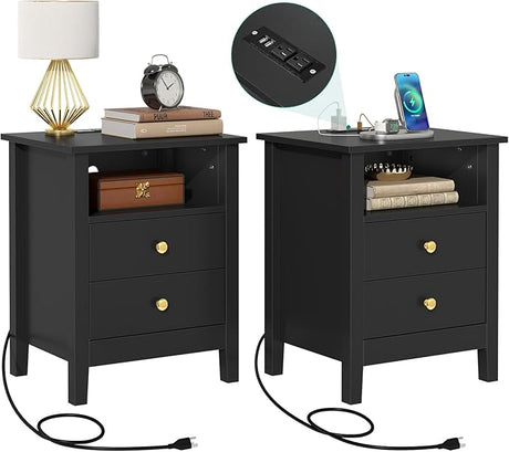 Nightstand with Charging Station, Night Stands with 2 Drawers for Bedroom