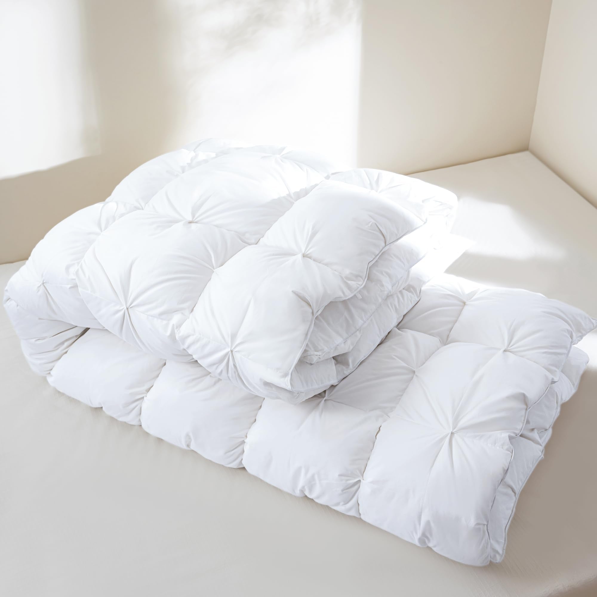 QUEEN® Feather Comforter King Size Duvet Insert, Luxury Fluffy White Pinch Pleat Design - All Season Hotel Collection Cotton Bed Comforter with 8 Tabs, King 106x90 Inches