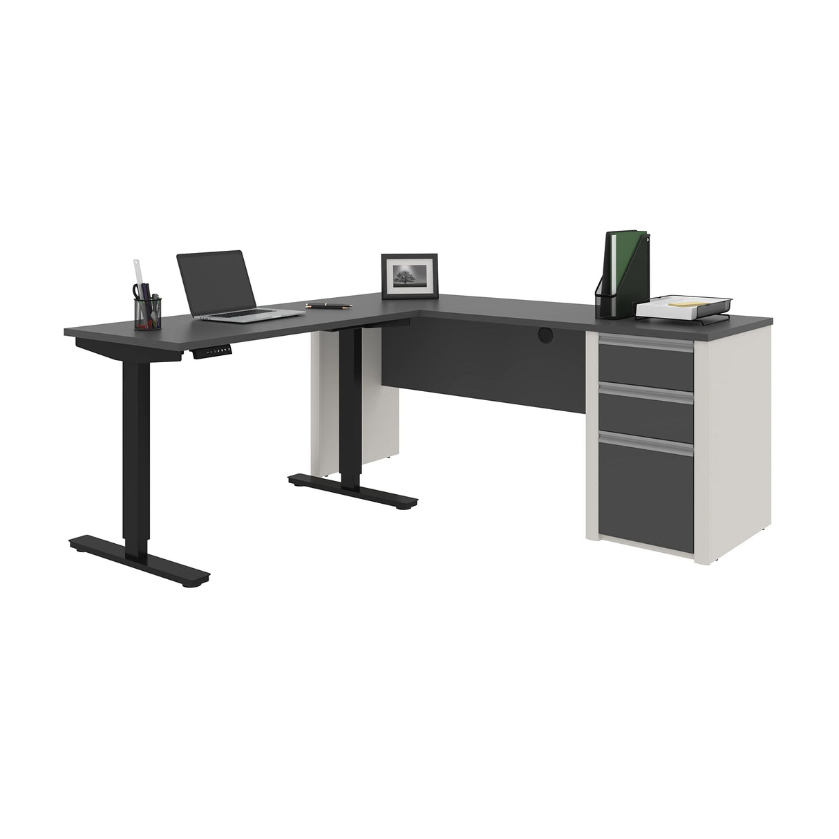 Connexion L-Shaped Standing Desk with Pedestal, 72W, Slate/Sandstone