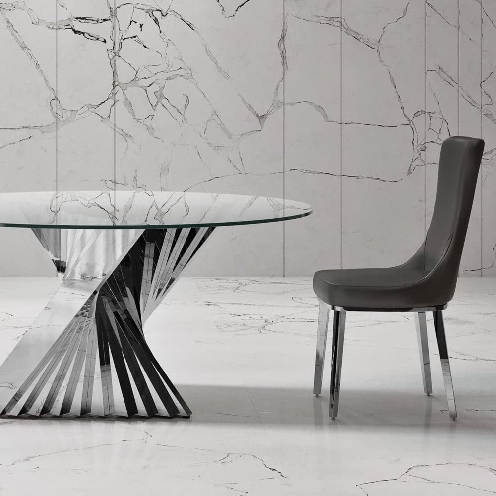 Modern Norma Dining Chair - Dark Grey with Polished Stainless Steel Base