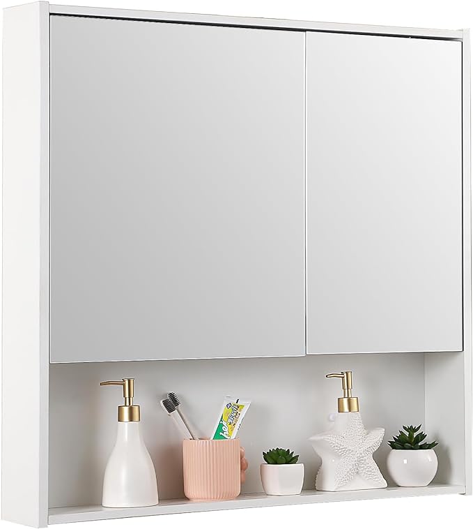 Medicine Cabinet with Double Mirror Doors, 30.3 x 29.5 Inch Bathroom Wall Cabinet with Shelves