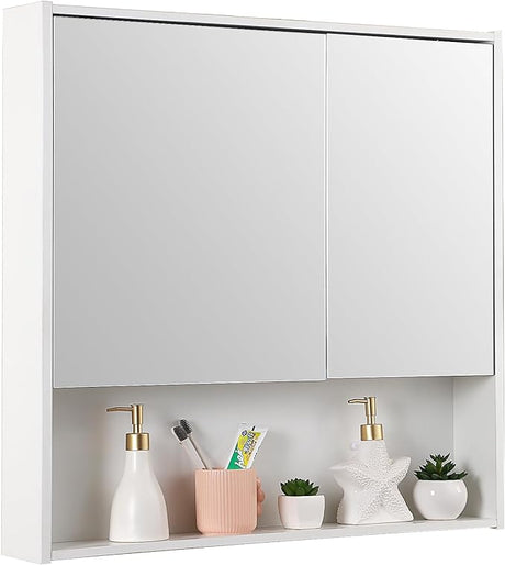 Medicine Cabinet with Double Mirror Doors, 30.3 x 29.5 Inch Bathroom Wall Cabinet with Shelves