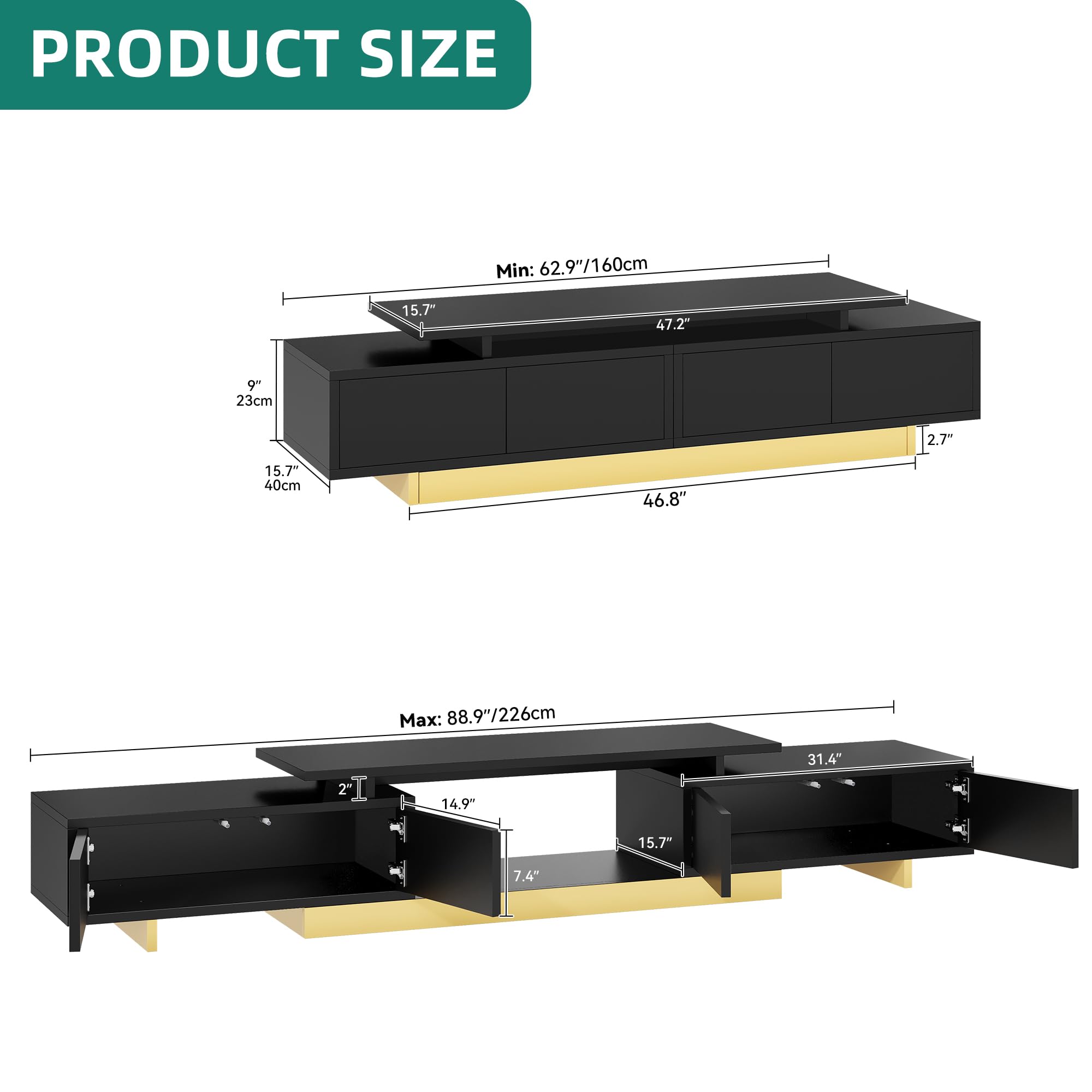 Extendable TV Stand 63-89 Inches with Storage Cabinets - Black