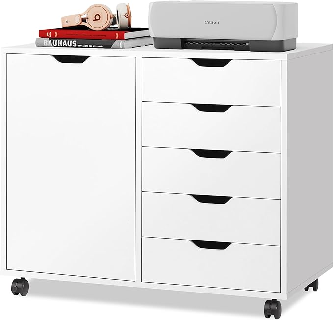 5-Drawer Wood Dresser Chest with Door, Mobile Storage Cabinet, Printer Stand