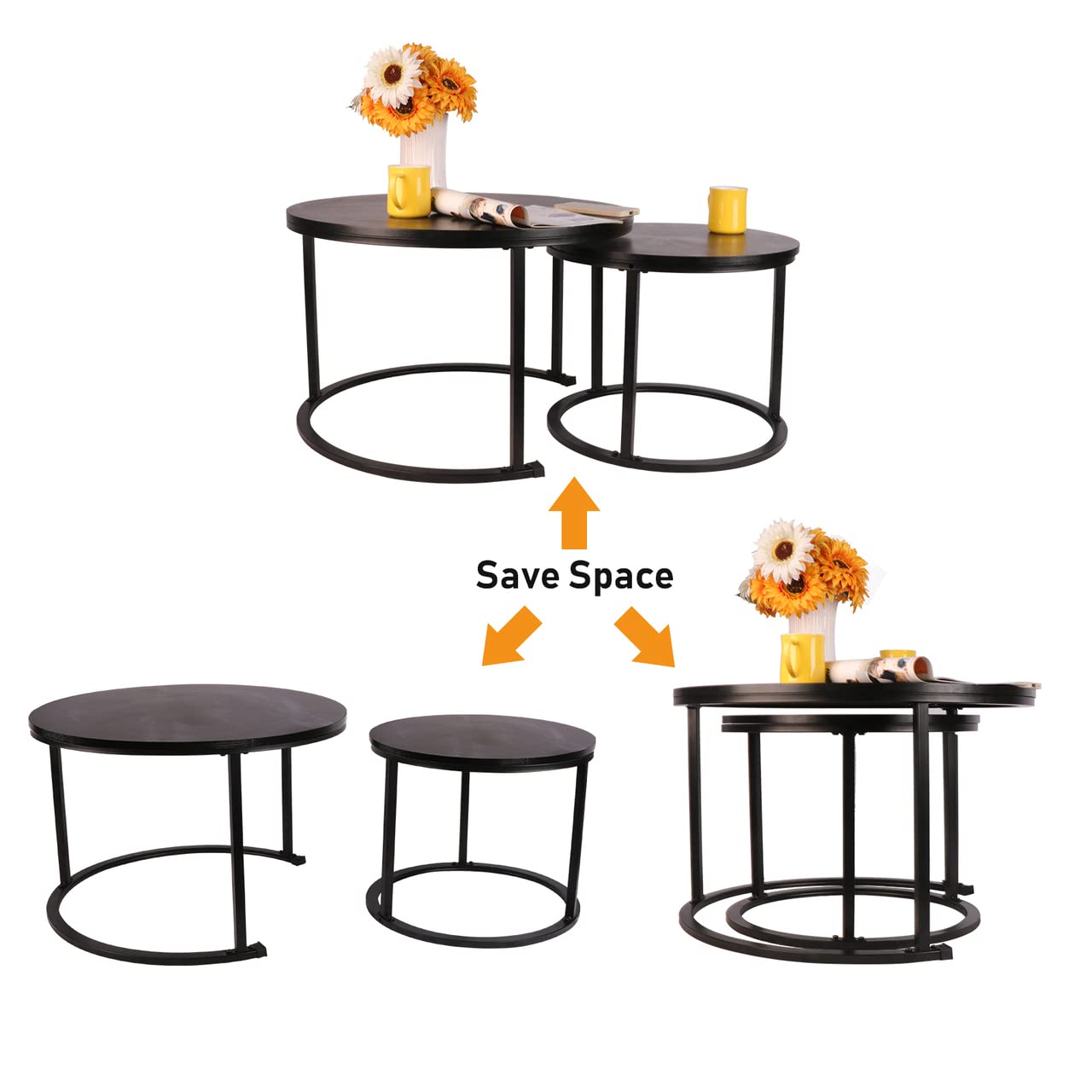 Round Nesting Coffee Table Set of 2,Waterproof Faux Marble Wood Top