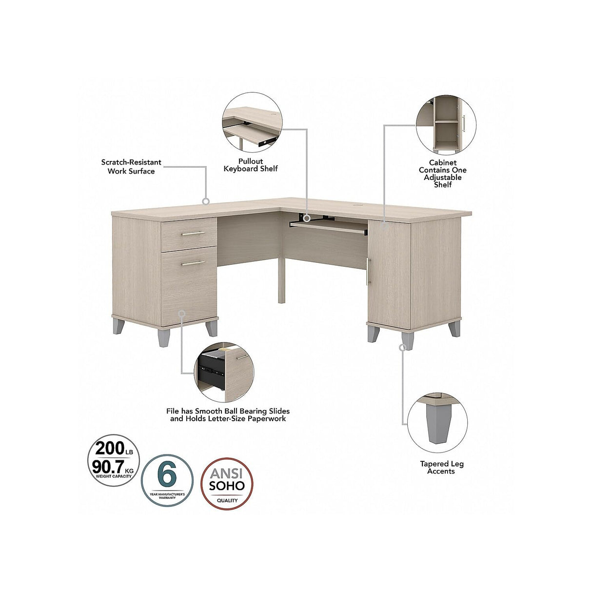 Somerset L-Shaped Desk with Storage Study Table with Drawers in Sand Oak