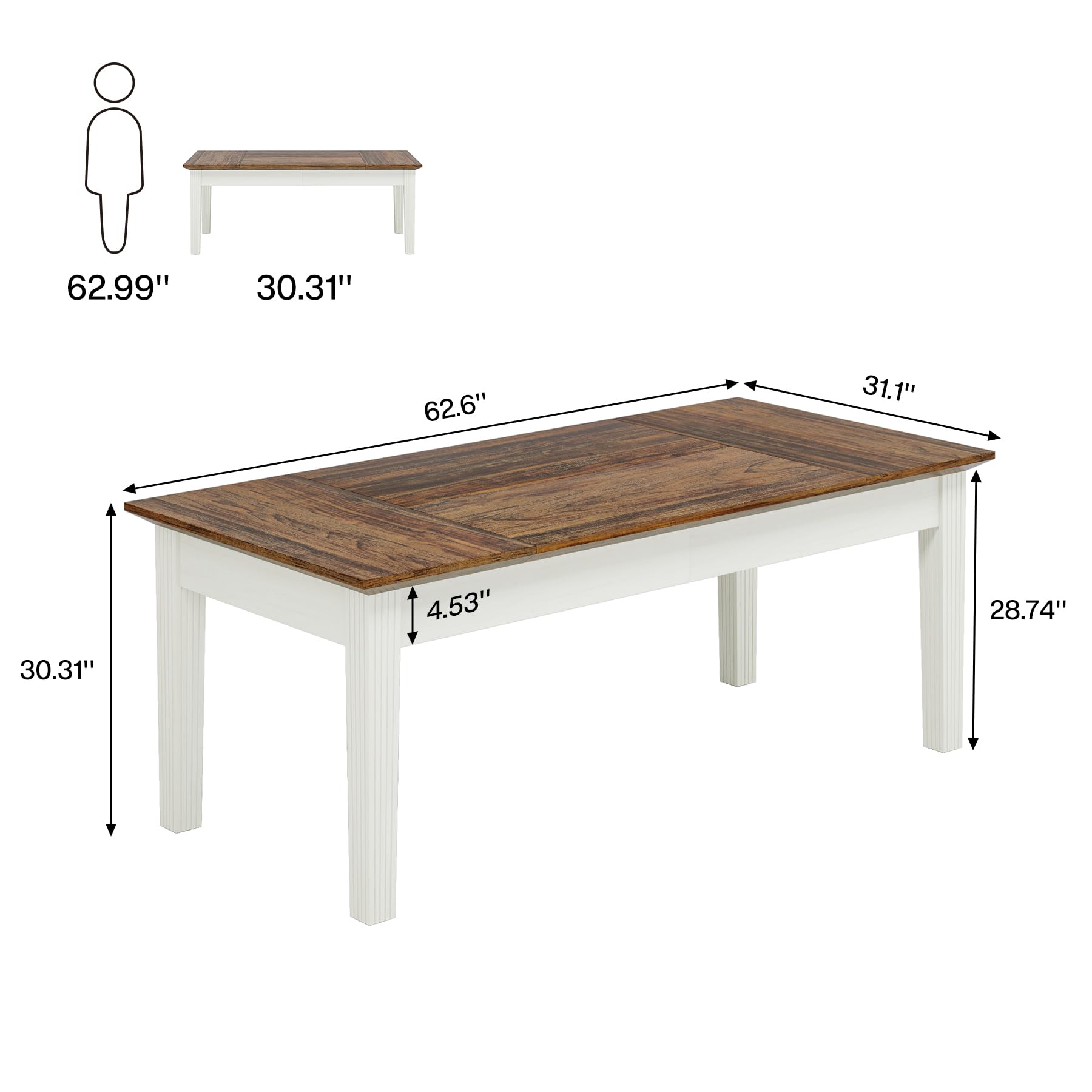 62-Inch Rectangular Dining Table with Solid Wood Legs - Rustic Brown & Cream White