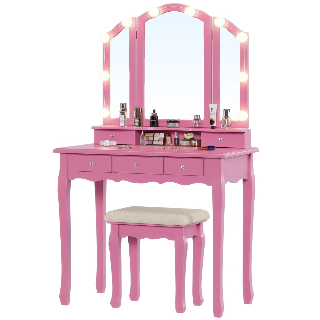 Tri-Fold Mirror and Lights, Makeup Vanity with Wood Upholstered Stool, Vanity Table