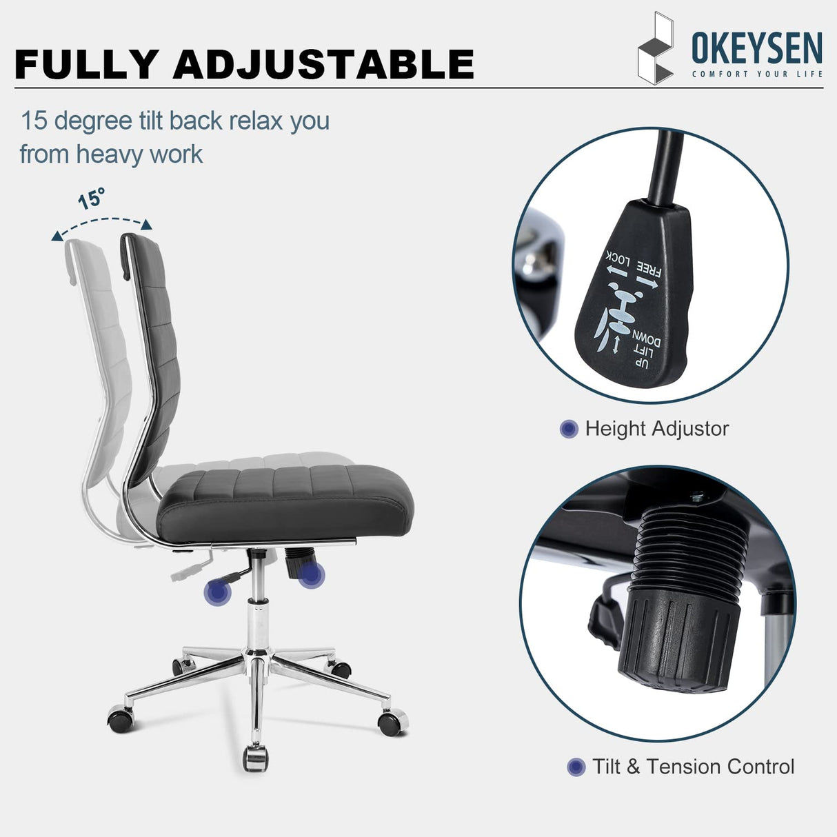 Armless Office Desk Chair, Mid Back Ergonomic Swivel Conference Room Chair