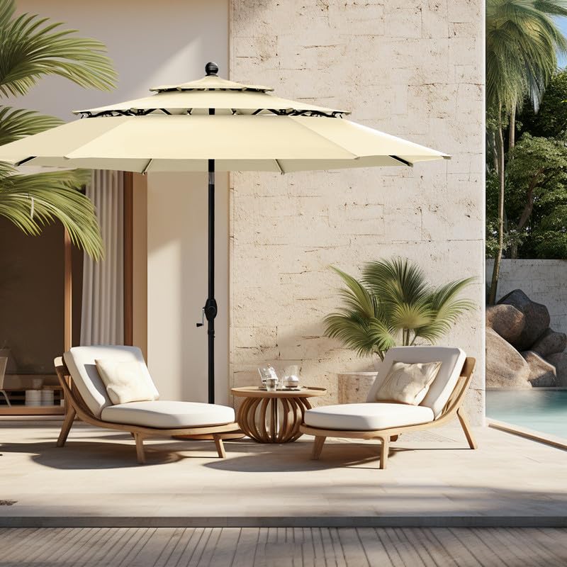 Outdoor Patio Umbrella, Auto-Tilt Market Table Umbrellas with Crank, 8 Sturdy Ribs & 1.5"