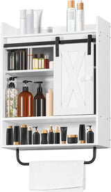 White Bathroom Cabinet with Towel Bar, Bathroom Medicine Cabinet with Sliding Barn