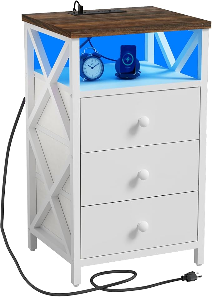 LED Nightstand with Charging Station, Tall Dresser for Bedroom with LED Light