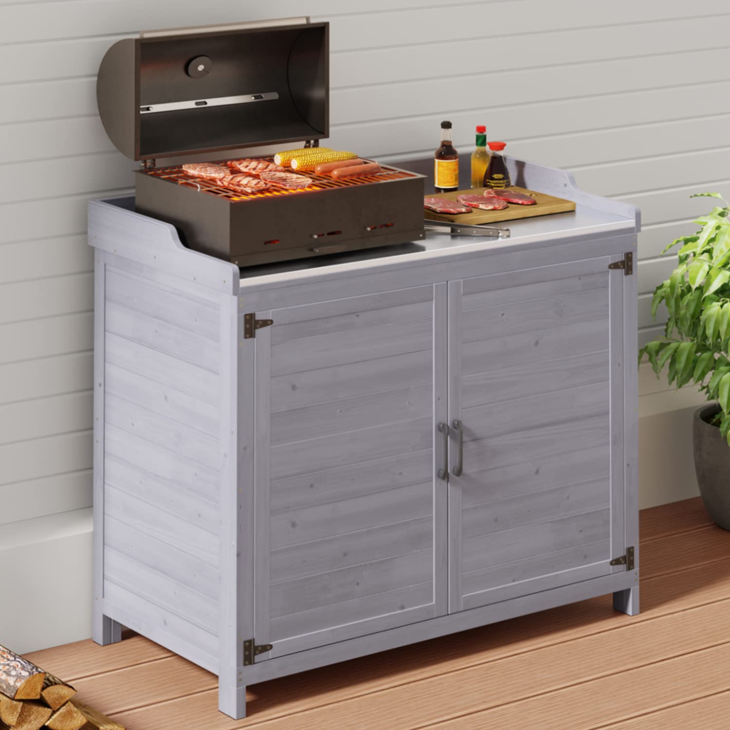 Outdoor Potting Bench with Metal Tabletop, Outdoor Garden Patio Wooden Storage Cabinet with Adjustable Shelf, Double Doors Garden Work Bench for Backyard, Patio, Lawn - Grey