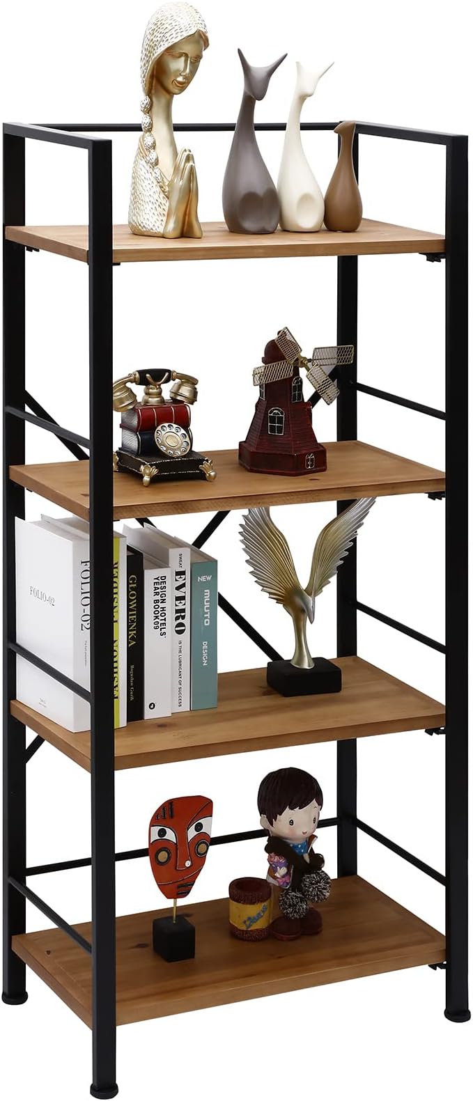 Rustic Bookshelf, 3 Tier Real Wood Bookshelf, Metal Book Shelf for Storage, Black Bookcase, 12.6" D x 23.62" W x 36.61" H