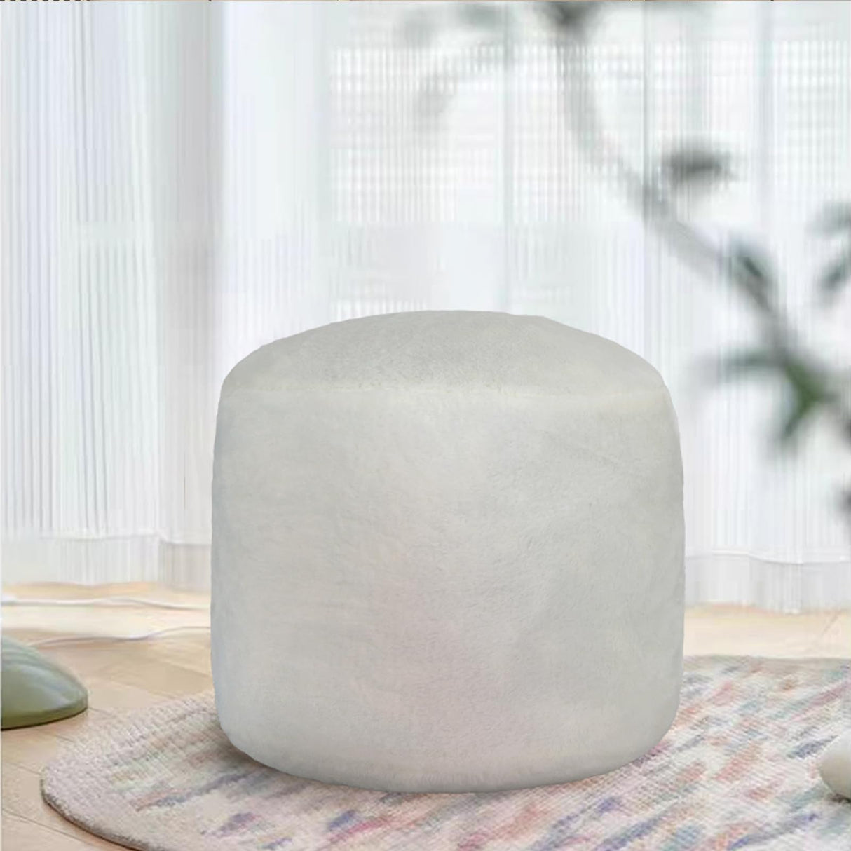 Round Stuffed Pouf Ottoman, Long Faux Fur Poufs with Foam Chunk Filling