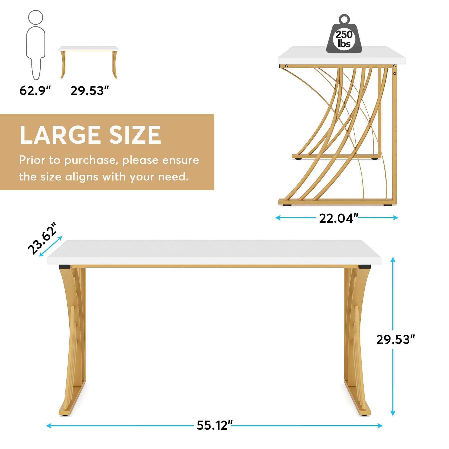 55’’ Large Modern Computer Desk, White & Gold Luxury Laptop PC Student Table