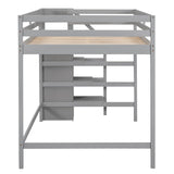 Full Loft Bed, Loft Bed Full Size with Storage Staircase and Wardrobe for Clothes, Wooden High Loft Bed Frame for Kids Girls Boys Bedroom, Grey