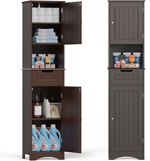 67" H Tall Bathroom Storage Cabinet, Narrow Linen Tower Freestanding Adjustable