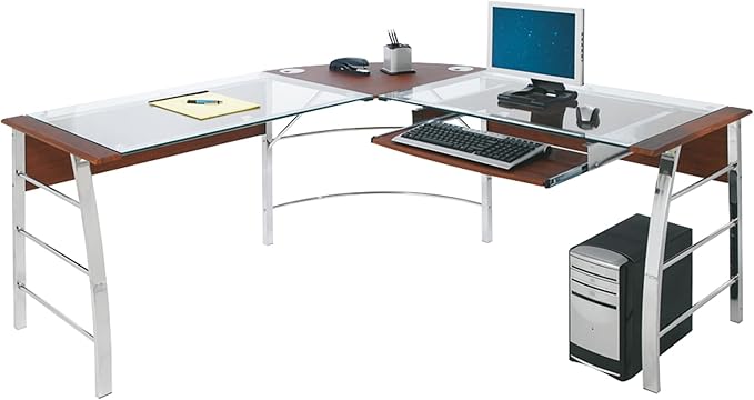 Mezza 62"W L-Shaped Corner Desk, Cherry/Chrome