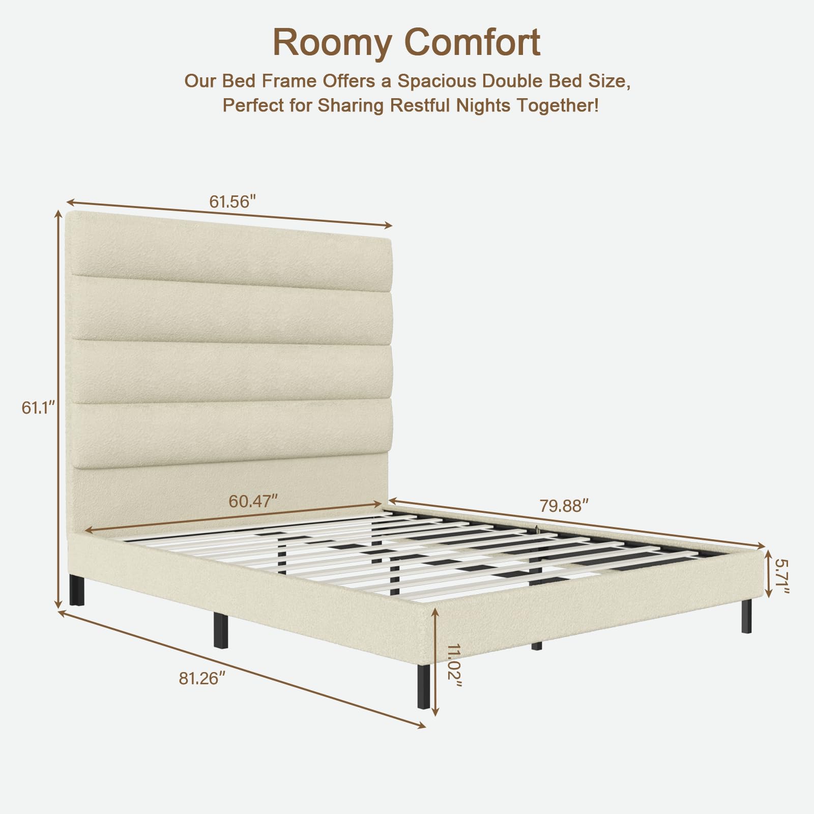 Tall Headboard Bed Frames, 61.1" Queen Size Bed Frame with Cashmere Upholstered,
