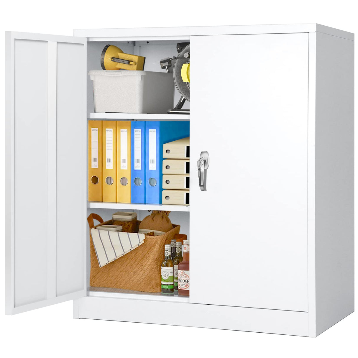 Metal Garage Cabinet, White 42" Lockable Storage Cabinet with Doors and Shelves