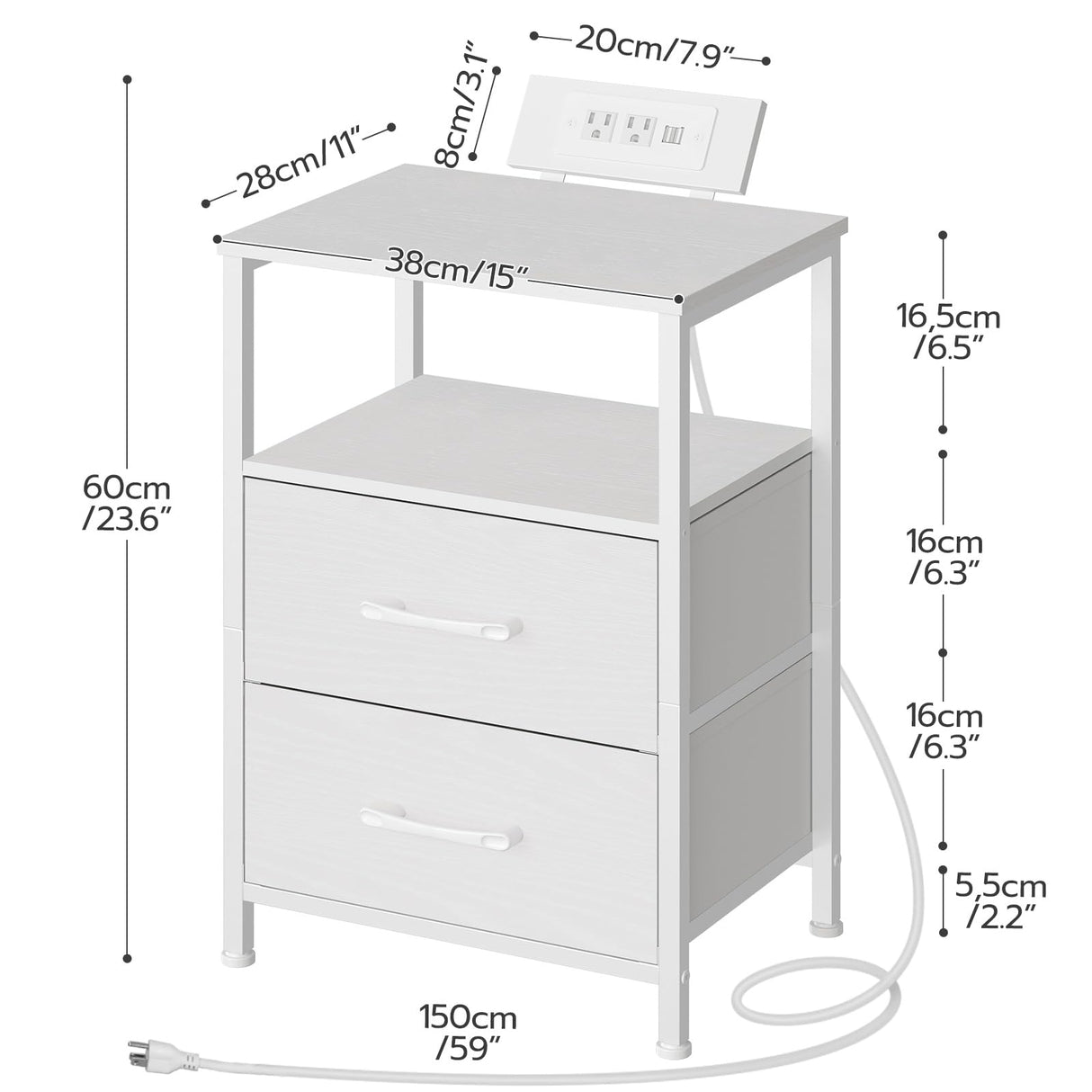 HOOBRO Nightstand with Charging Station, Bedside Table with LED Lights and 2 Fabric Drawers, End Table with Outlets and USB Ports, Small Night Stand for Bedroom, White WT118UDBZ01