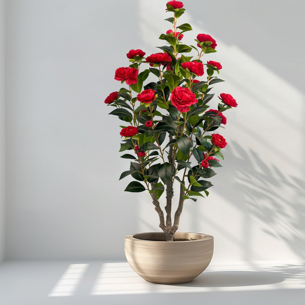 3.4ft Artificial Camellia Tree | Red Flowers & Green Leaves | Indoor Outdoor Decor