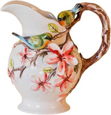 Large Water Pitcher Flower Vase, 3D Hand-Painted Magnolia and Bird Home Decor