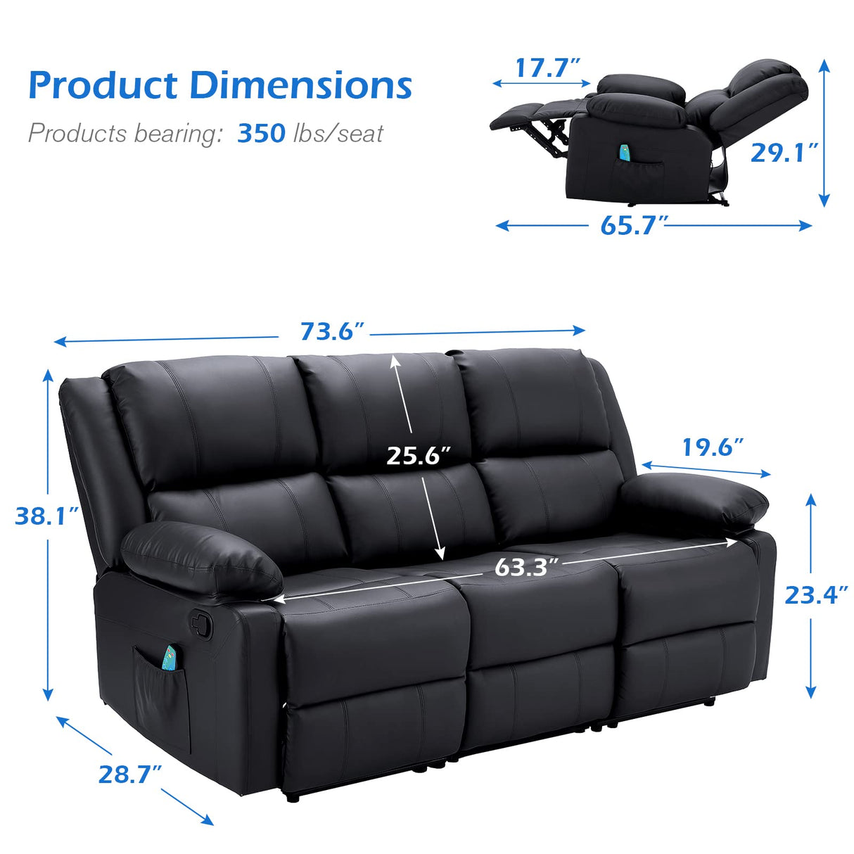 Reclining Sofa with Massage&Heat Function, Wall Hunger Recliner Couch