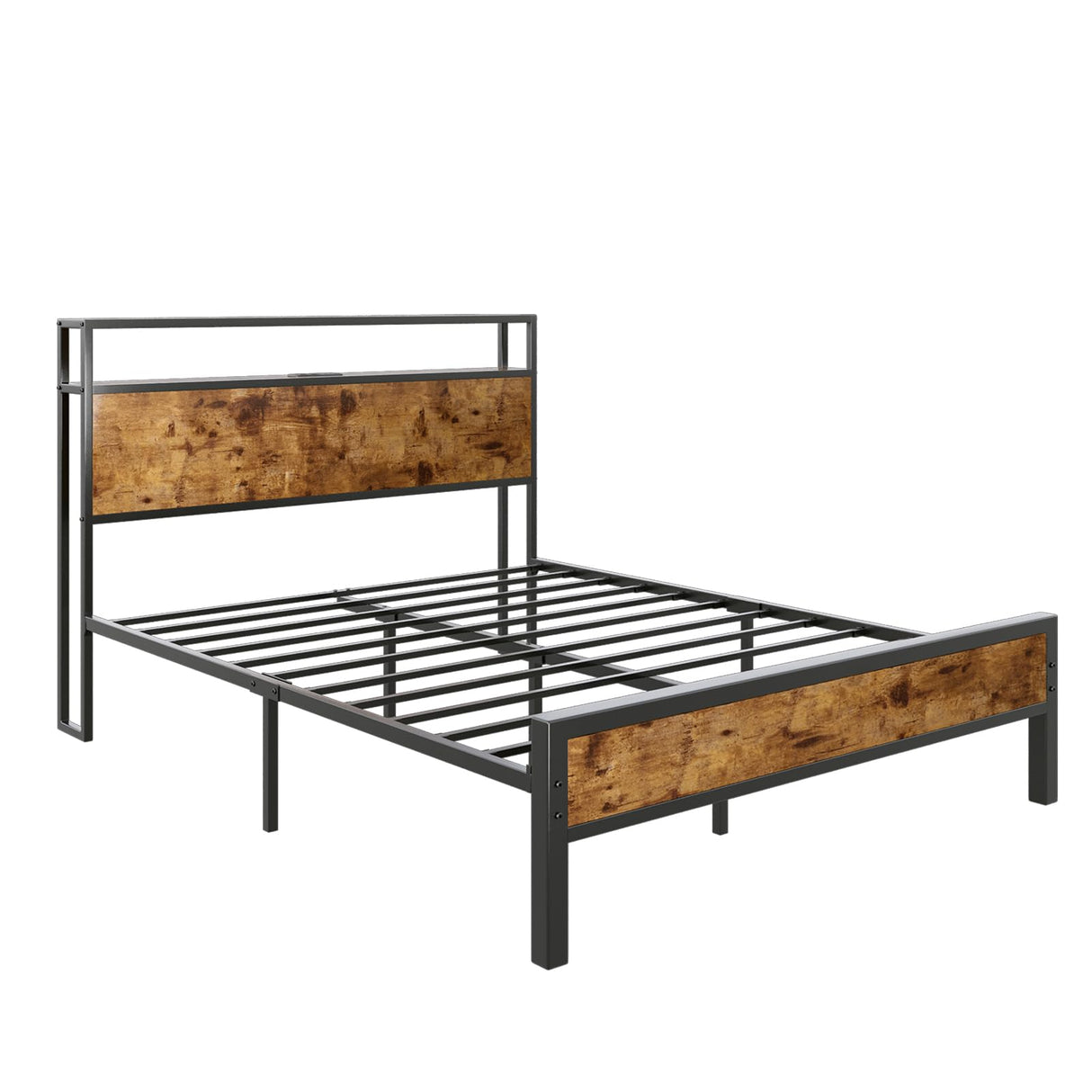 AMERLIFE Queen Size Bed Frame Industrial Platform Bed with Charging Station, 2-Tier Storage Headboard/No Box Spring Needed/Noise-Free/Dark Brown