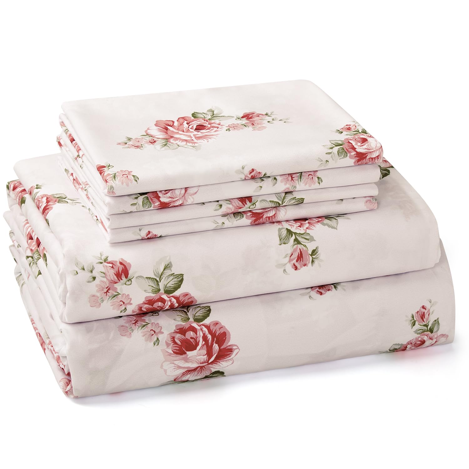 Queen Sheet Set 6 Pieces (Pink Rose Floral), Cottage Core Botanical Patterned Sheets